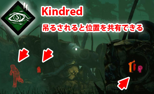 Kindredパーク：自分が吊るされたときに、味方の位置を味方全員に共有できる。レベル3になると自分の8m以内にいる殺人鬼の位置も共通する。